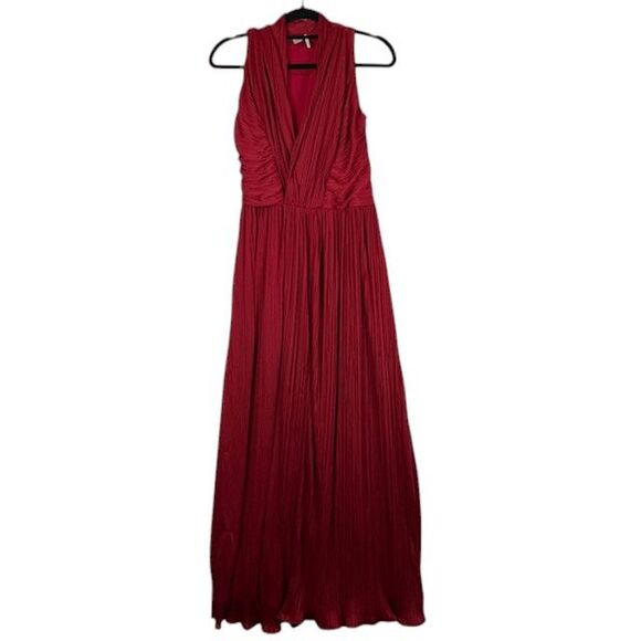 Halston Heritage V-Neck Maxi Dress Gown Ruched Red Pleats Sleeveless Size 0 - Picture 3 of 15